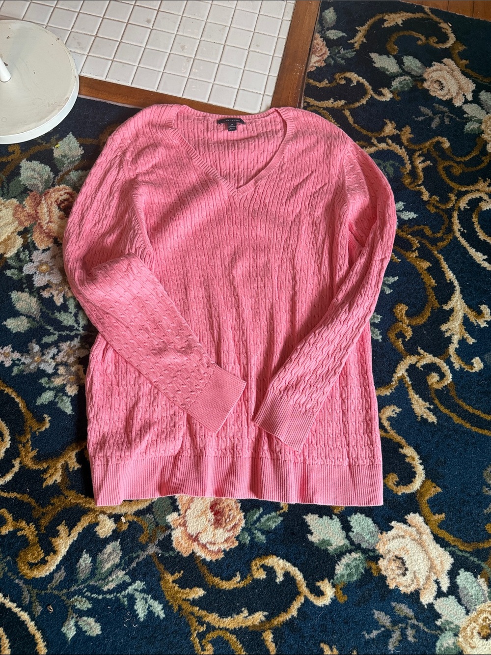 Lands' End Coral Pink Cable V-Neck Sweater
